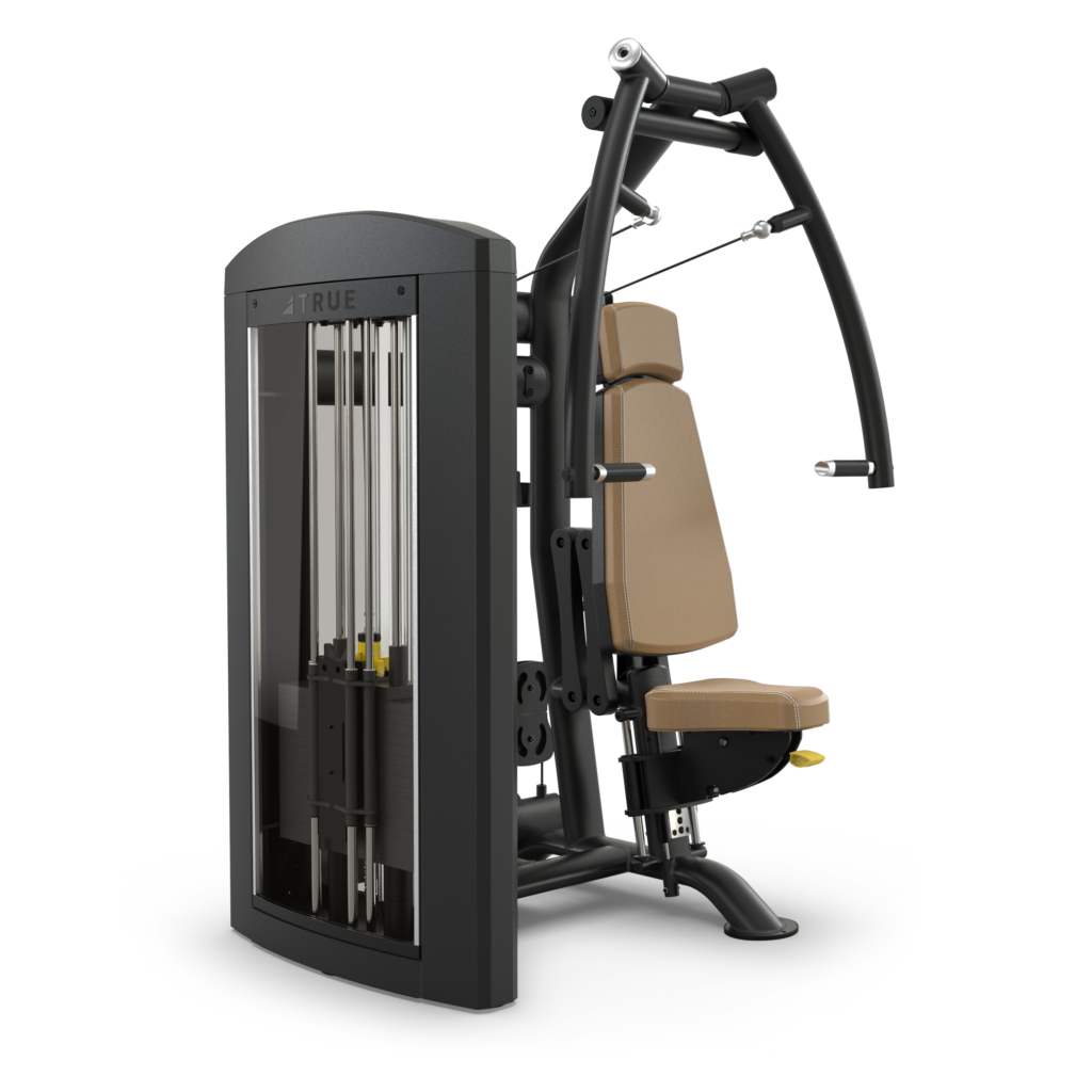 A black and tan seated chest press machine with padded seat and backrest, weight stack, and dual handles designed for upper body strength training, set against a plain white background.