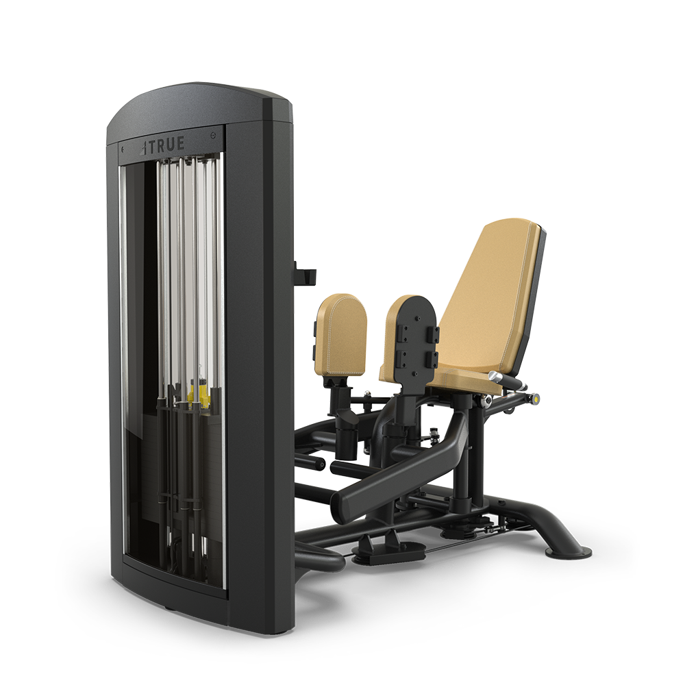 A seated gym machine with padded yellow seat and leg pads, black frame, and a vertical weight stack, designed for leg adduction and abduction exercises.