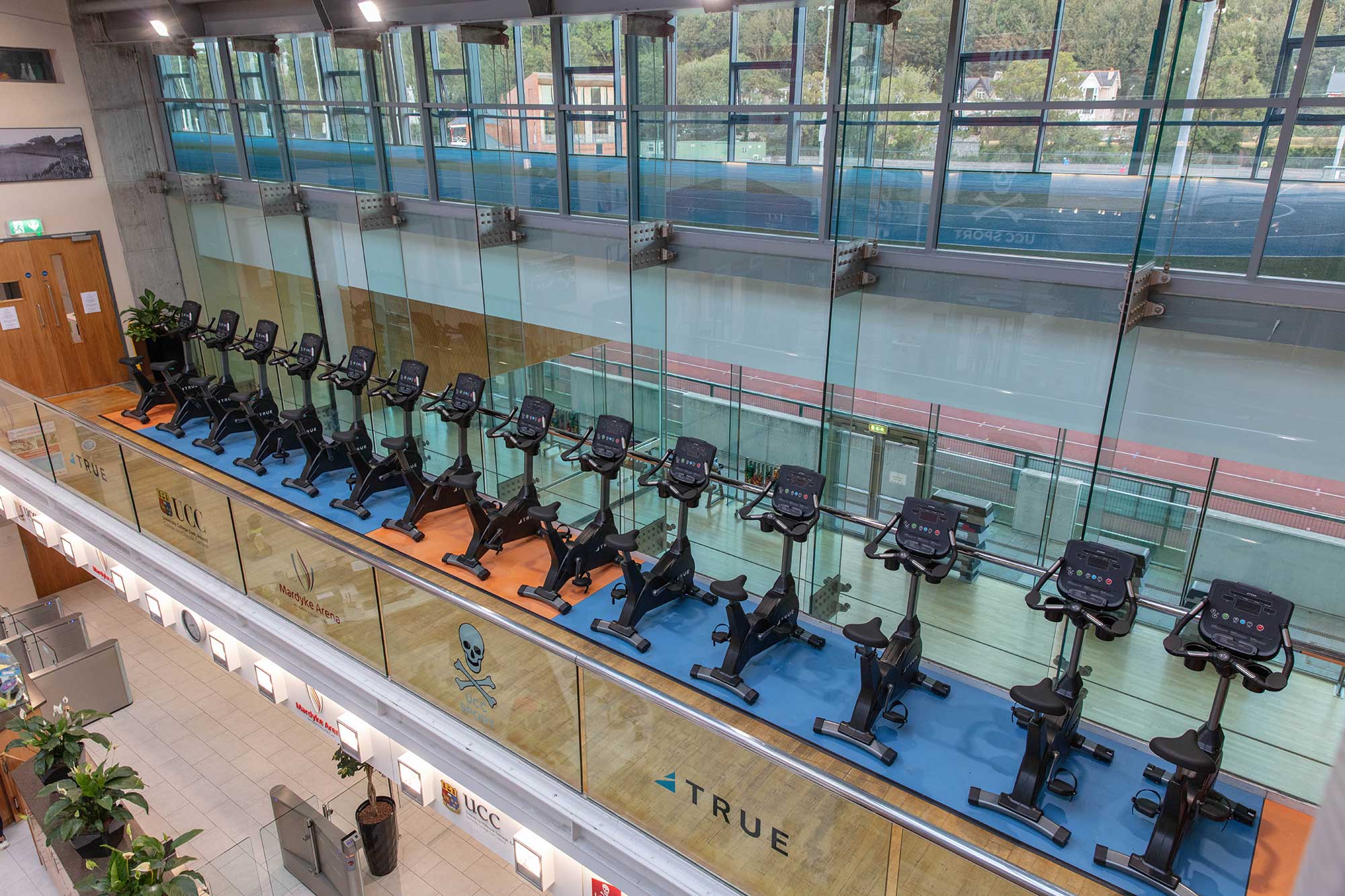 A row of stationary exercise bikes is lined up on a blue mat beside a glass wall overlooking an outdoor running track in a modern gym with large windows.