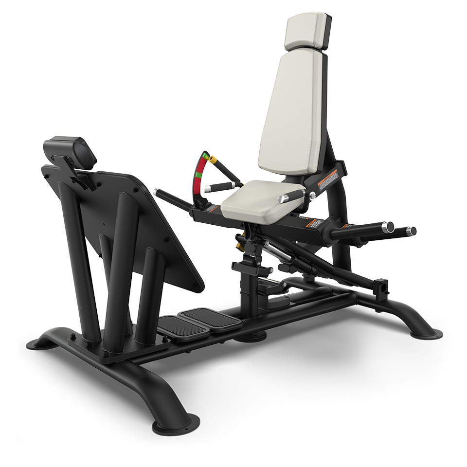 A black and gray leg press gym machine with a padded seat, backrest, footplate, and adjustable resistance bars against a white background.