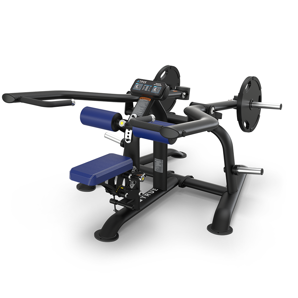 A black and blue seated fitness machine with a digital display, padded seat, adjustable levers, and weight plate holders, designed for upper body strength training.