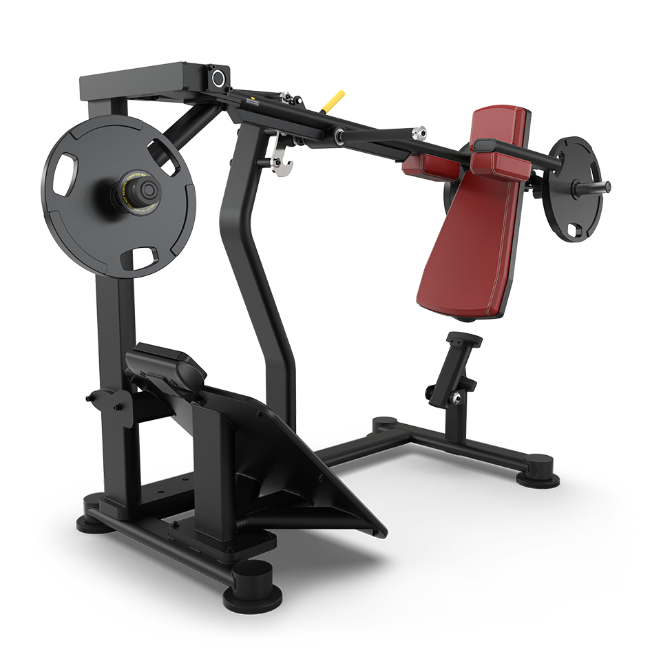 A black and red incline chest press machine with weight plates loaded on each side, featuring padded seat and backrest against a plain white background.