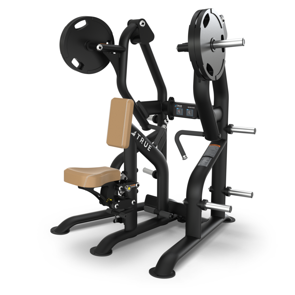 A black and tan seated strength training machine with weights attached, featuring padded seat and backrest, footrests, and handles for upper body exercises, designed for gym use on a white background.