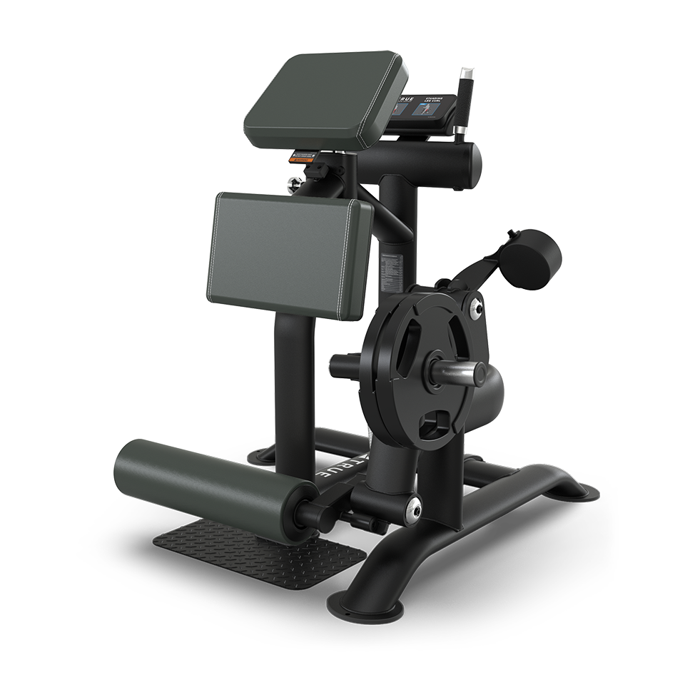 A black and dark green gym machine with padded supports, a weight plate holder, and metal footplate, designed for lower body or leg exercises, set against a plain white background.