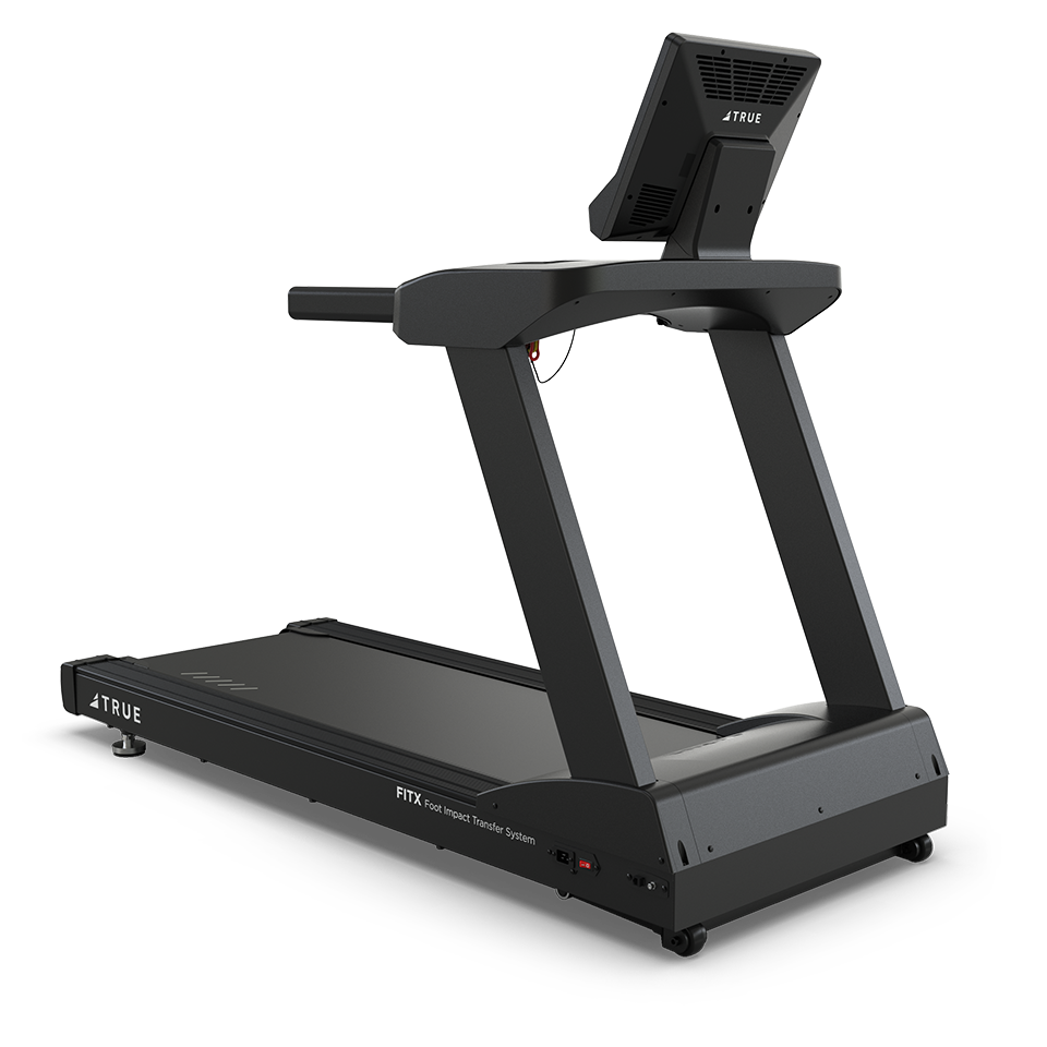 A black 66体育 - TRUE Fitness让运动更简单_官方网站 66体育 66体育 treadmill with a large digital display screen, sturdy handrails, and a sleek modern design, photographed against a plain white background.
