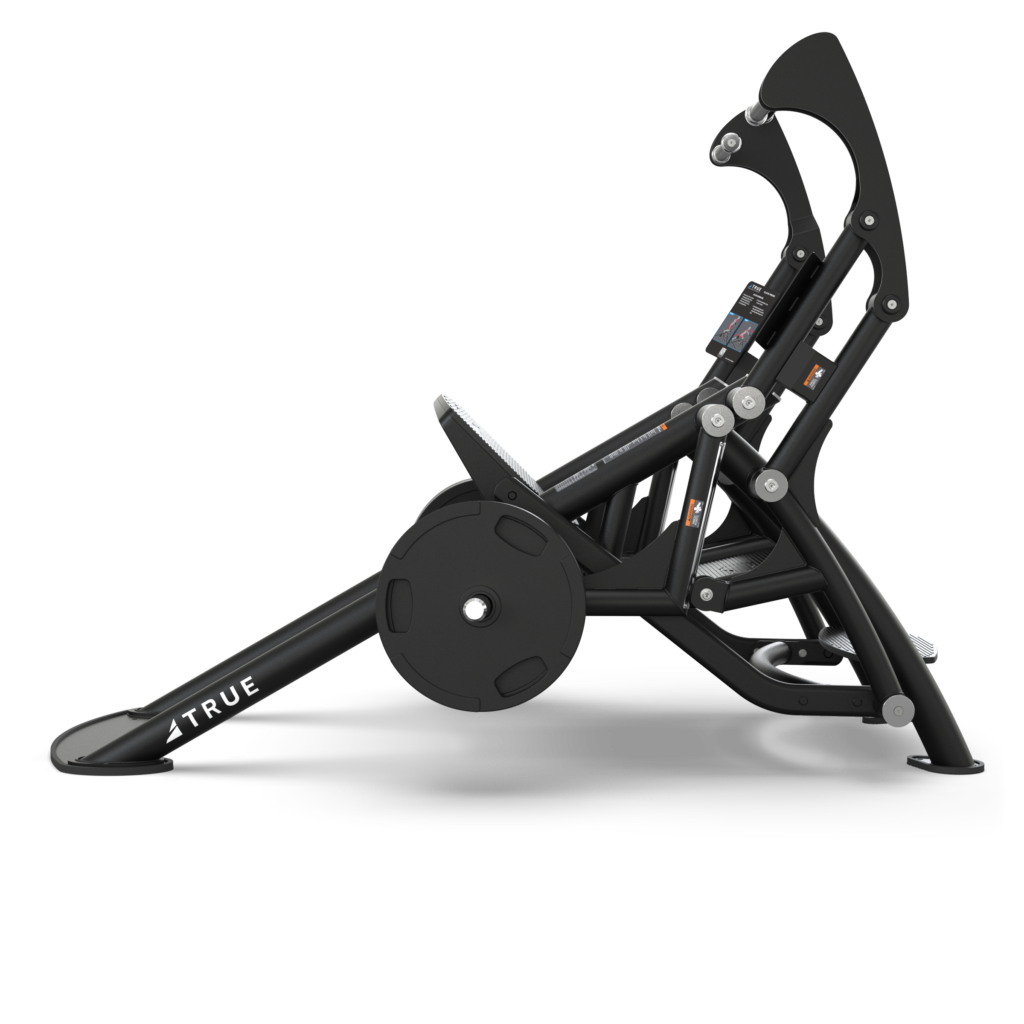 A black, angled exercise machine with padded seat and handles, labeled “TRUE,” designed for weight training, featuring an adjustable mechanism and a large round weight plate attached to the side.