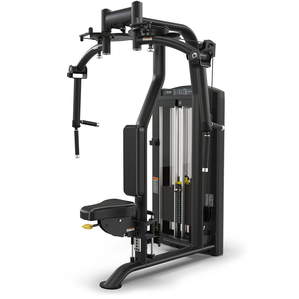 A black chest fly and rear delt machine with a padded seat, backrest, adjustable handles, and a weight stack for resistance training. The equipment is set against a plain white background.