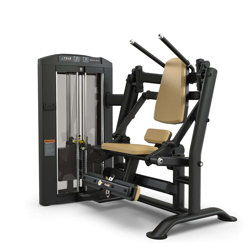 A black and tan seated leg press gym machine with padded seat and backrest, adjustable weights, and handles, designed for strength training exercises.
