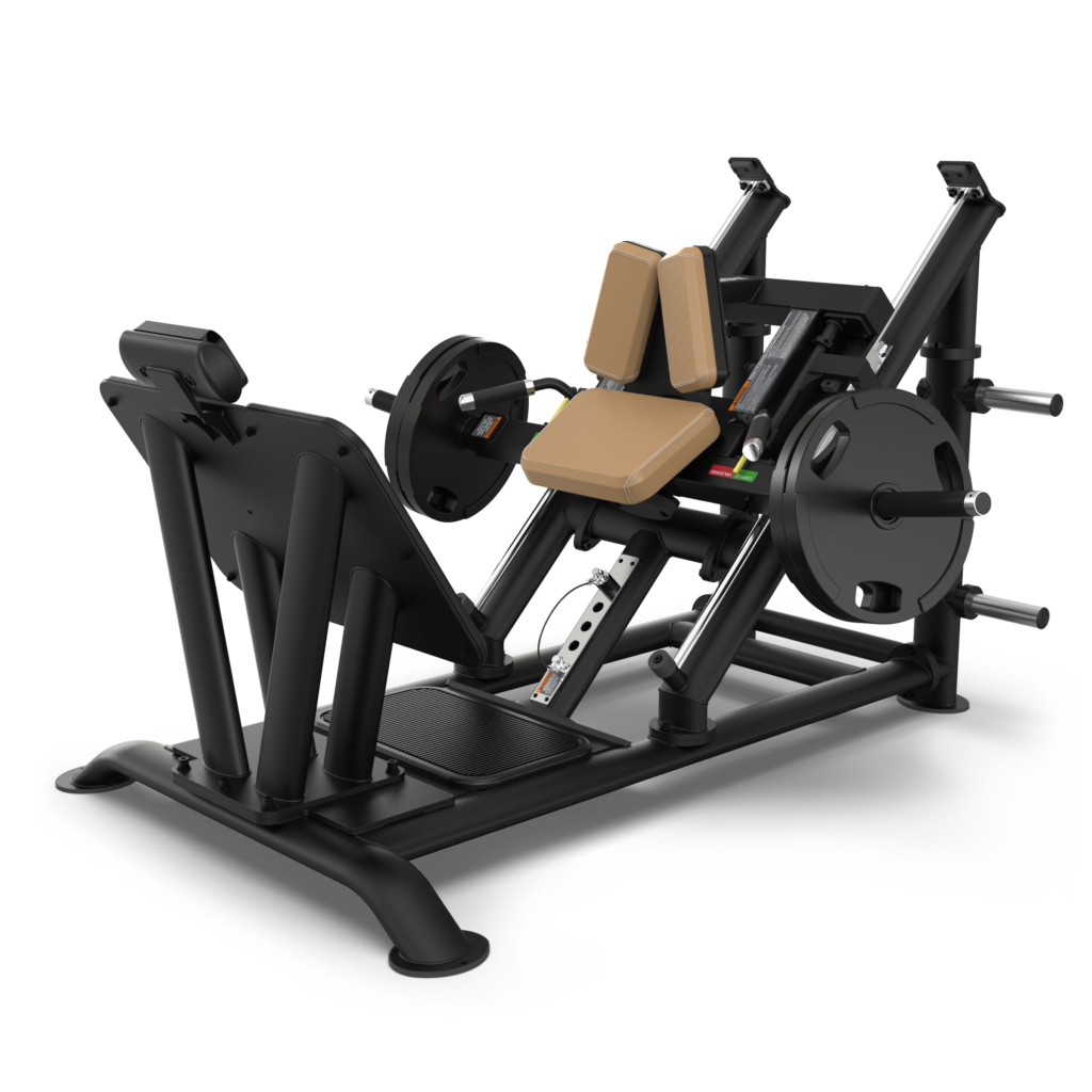 A black and brown leg press machine with padded seat and backrest, angled footplate, and weight plates loaded on both sides, designed for gym strength training.