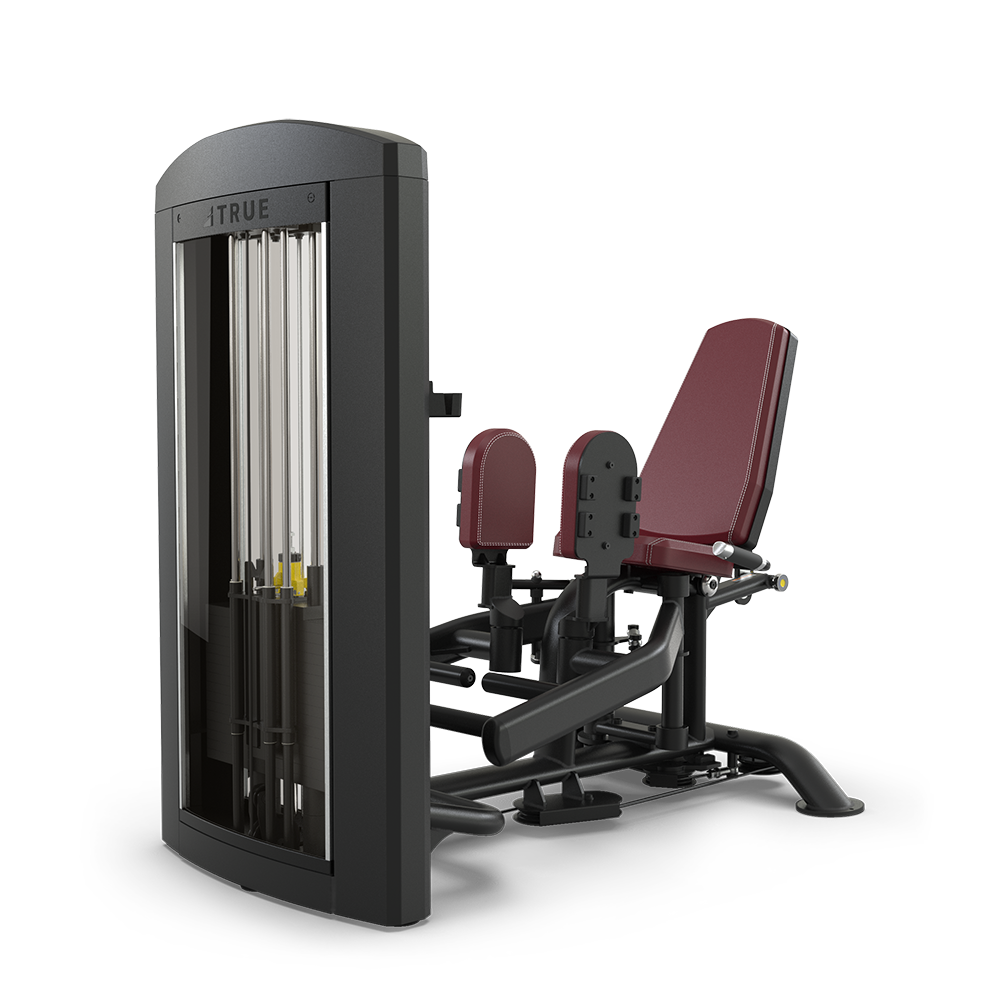A commercial gym machine with a padded maroon seat and backrest, black frame, and weight stack, designed for seated leg exercises such as hip adduction or abduction.