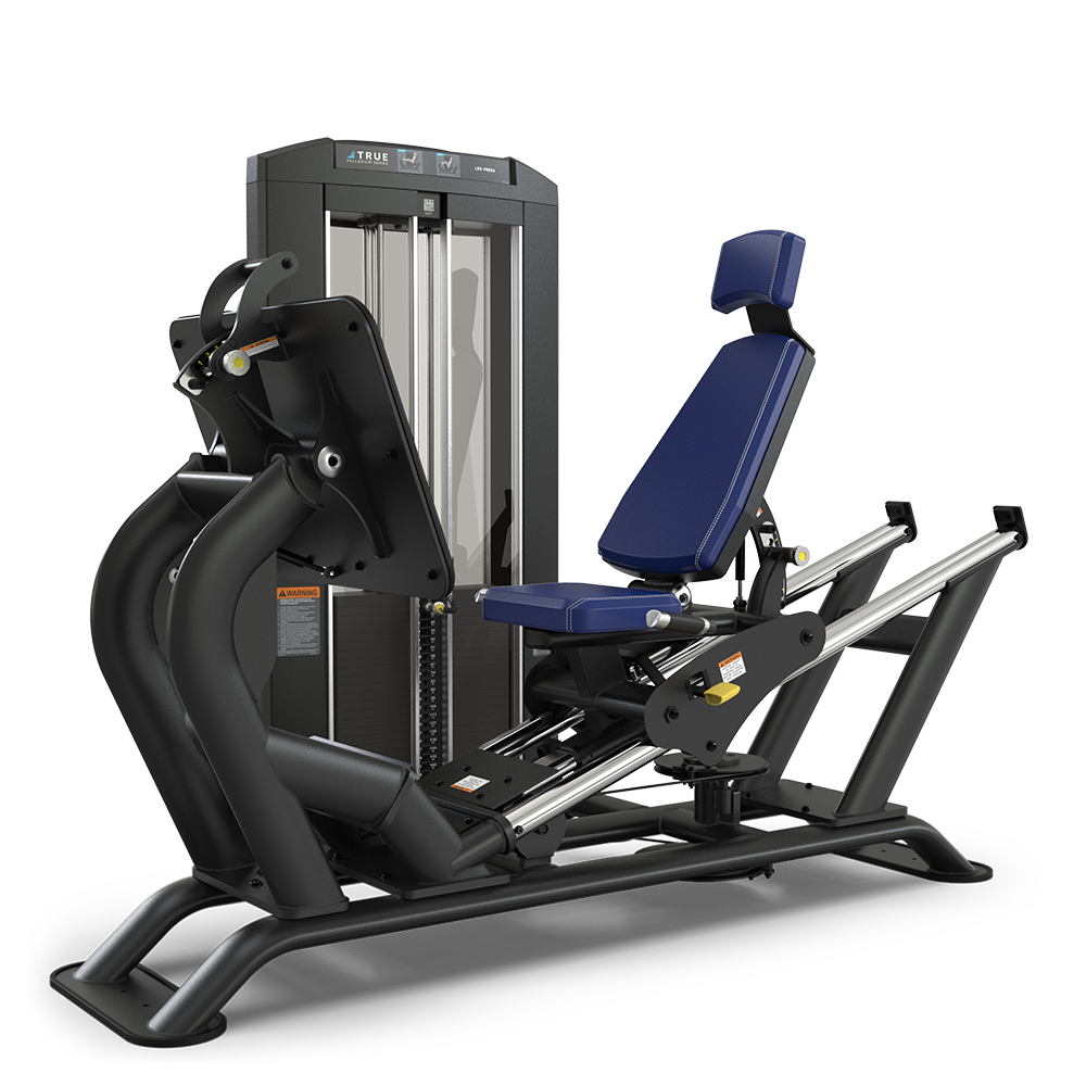 A black and blue leg press machine with a padded seat, adjustable backrest, and weight stack, designed for lower body workouts in a gym setting.