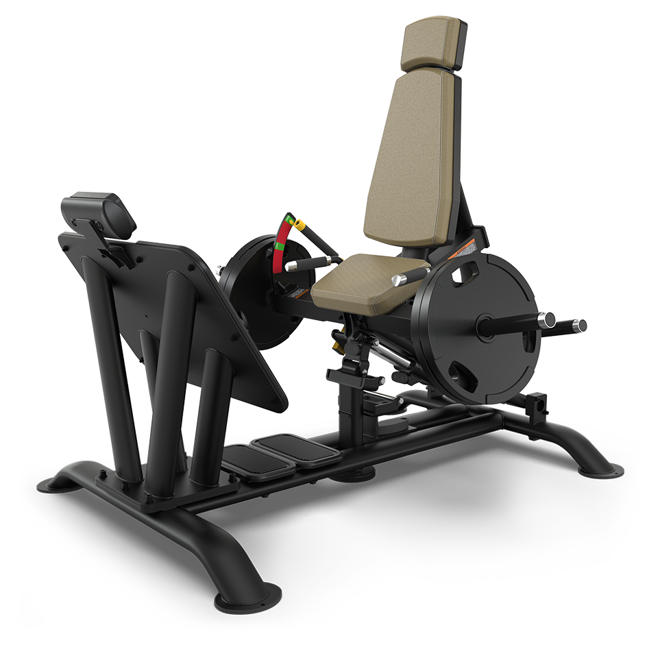 A black and tan leg press machine with an angled seat, padded backrest, and footplate, designed for lower body strength training in a gym or fitness center.