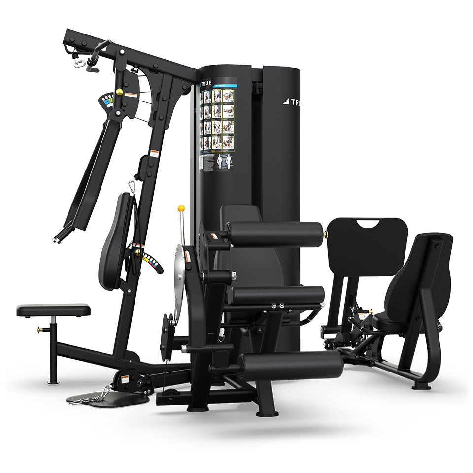 A multi-station gym machine with various attachments for exercises such as chest press, leg extension, and leg press, featuring instructional diagrams on the central tower.