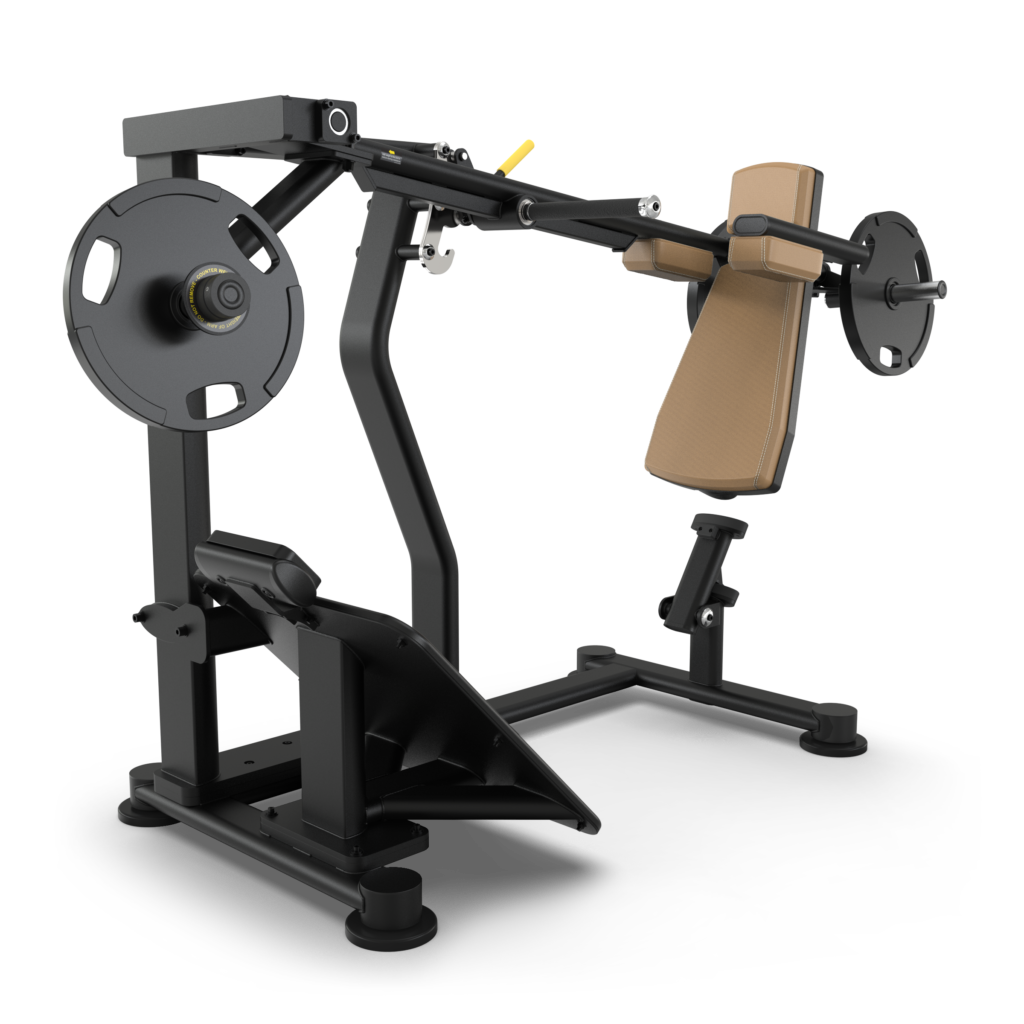 A black and brown plate-loaded chest press machine with angled seat and backrest, handles, footplate, and two weight plates attached, designed for upper body strength training.