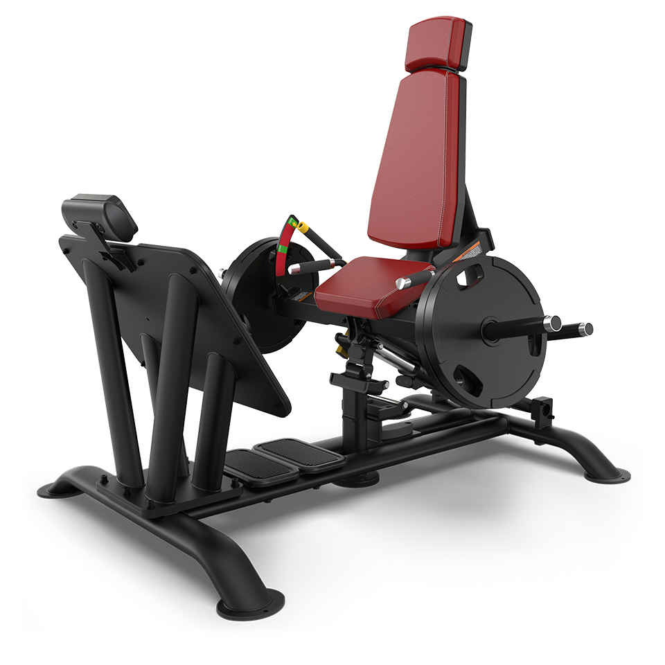 A black and red leg press machine with a padded seat and backrest, adjustable weights, and footplate on a sturdy frame, designed for strength training exercises.