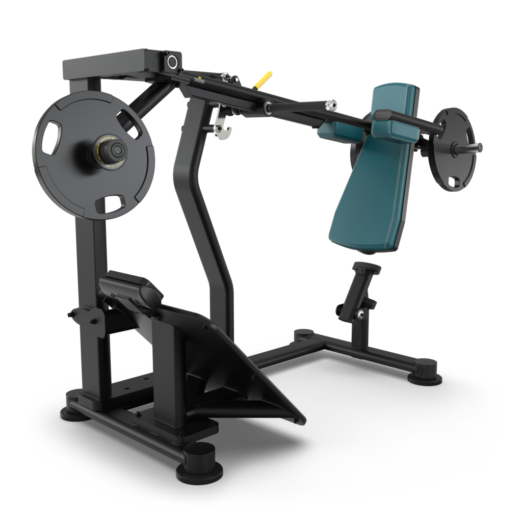 A black and teal plate-loaded incline chest press machine with padded seat and backrest, angled handles, and weight plates mounted on both sides, designed for upper body strength training.