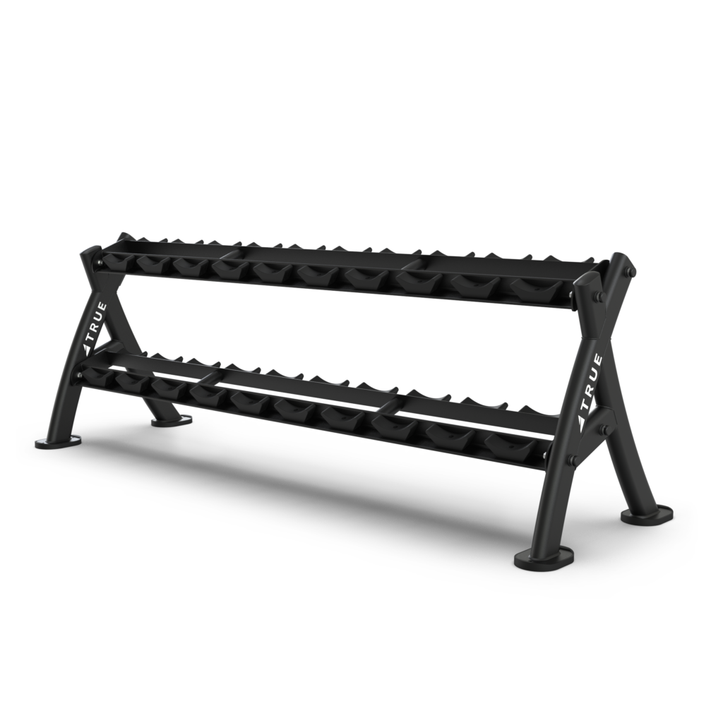 A black, two-tier dumbbell rack with sleek, angled legs and the brand name TRUE printed in white on the side supports. The rack is empty and set against a plain white background.