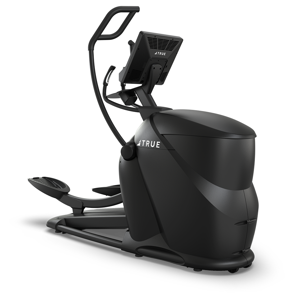 A black elliptical exercise machine with a digital display screen and dual handlebars, designed for indoor cardio workouts, shown on a white background.