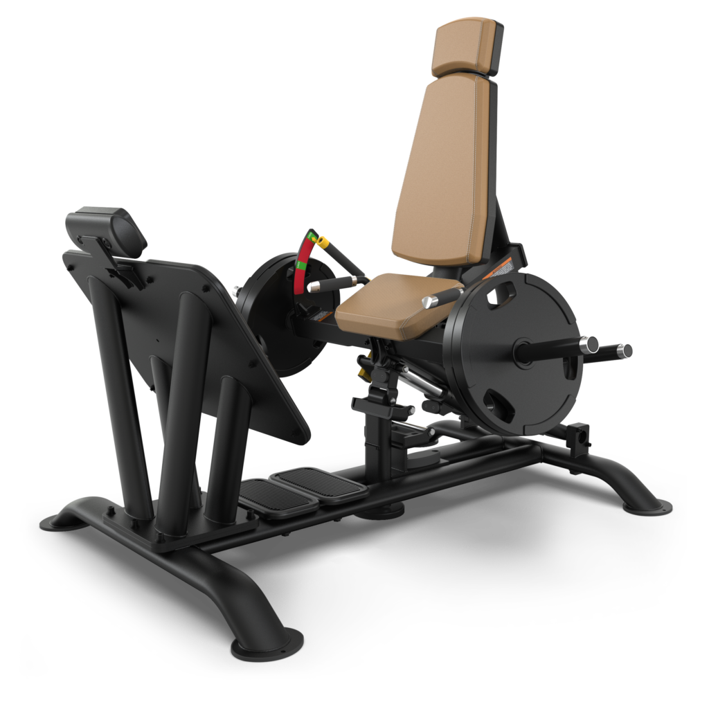 A black and tan leg press machine with a padded seat and backrest, angled footplate, and weight-loading posts, designed for lower body strength training in a gym setting.