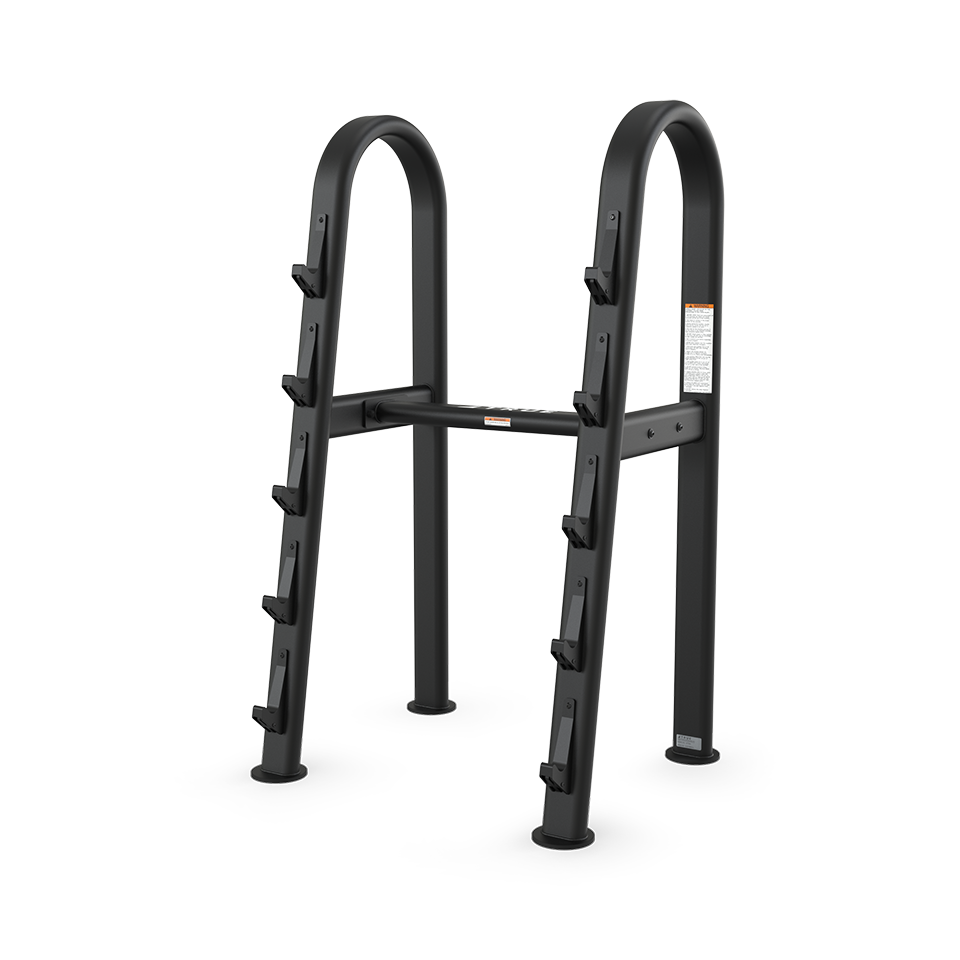 Black metal pool ladder with two sets of steps and four legs, designed for climbing in and out of a pool. The ladder has safety labels and a sturdy, modern structure against a white background.