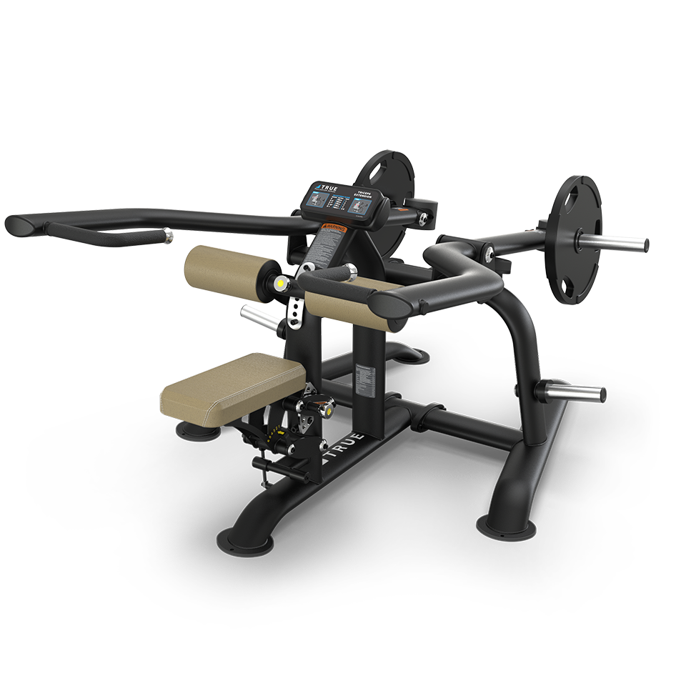 A black and tan seated strength training machine with padded supports, adjustable handles, and weight plate holders, designed for upper body workouts, set against a plain white background.