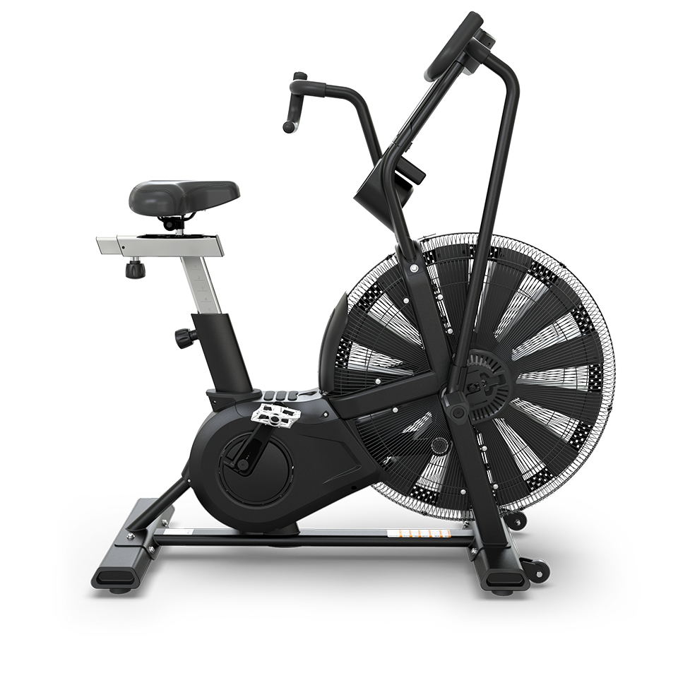 A black stationary air bike with a large front fan wheel, adjustable seat, and dual-action handlebars, designed for indoor cardio workouts, shown on a white background.