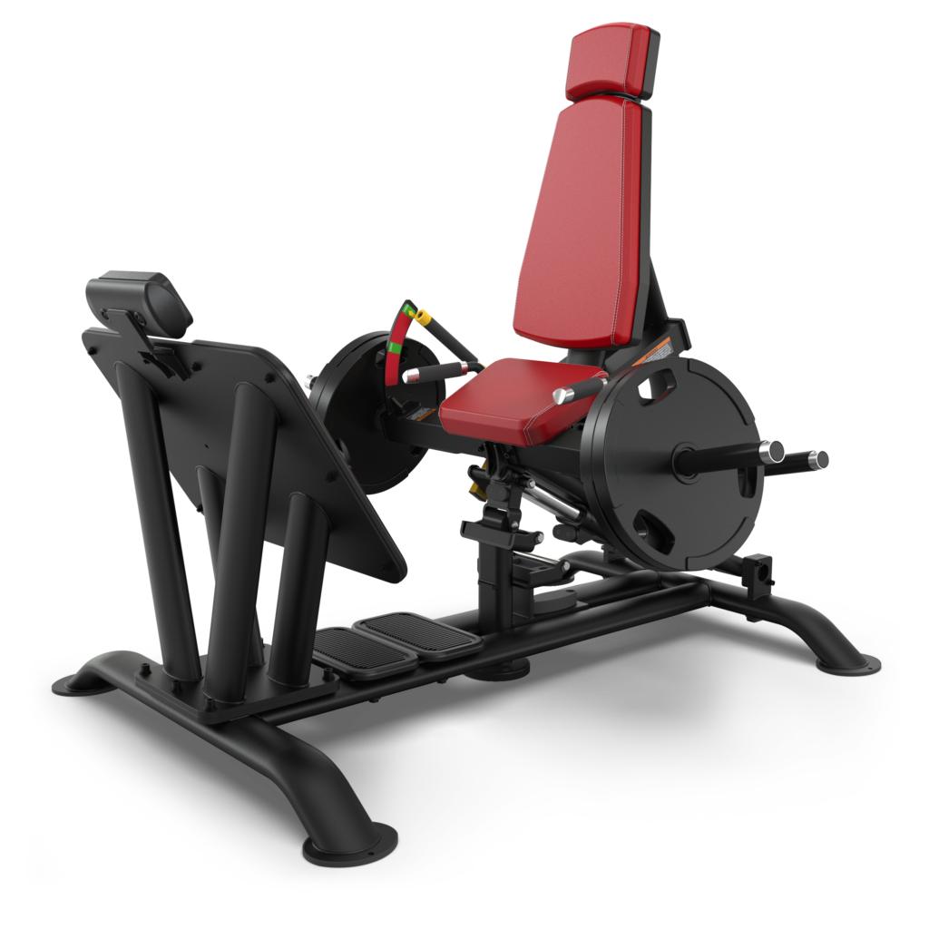 A black and red leg press machine with an adjustable padded seat and backrest, designed for gym use, shown against a plain white background.