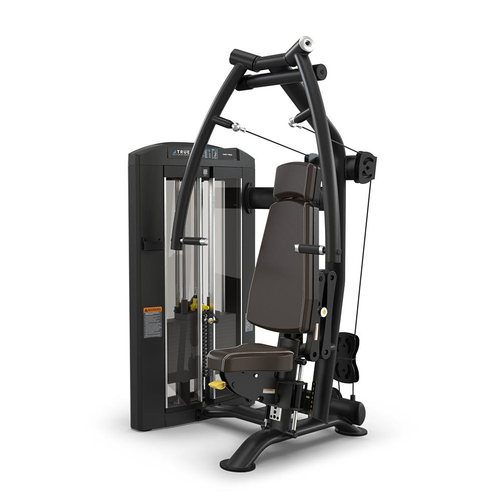 A black and gray seated chest press machine with padded seat, adjustable weights, and curved handles, designed for strength training in a gym setting, set against a plain white background.