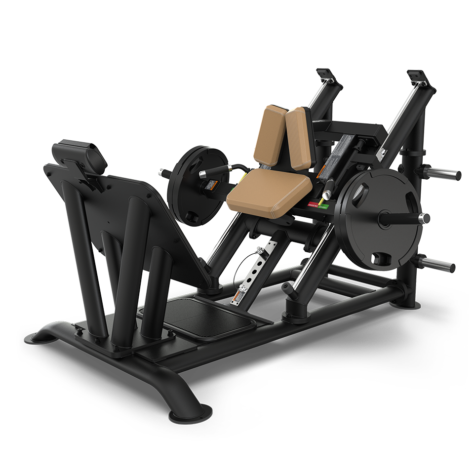 A black and tan leg press machine with weight plates, angled backrest, and foot platform, designed for lower body strength training, shown on a white background.