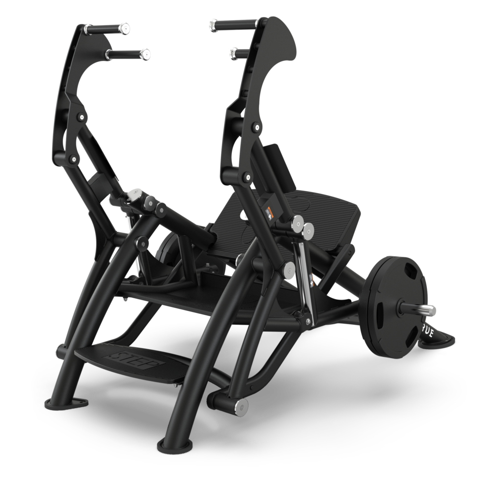 A black leg press machine with weight plates loaded, featuring a reclined seat, angled footplate, and sturdy frame, designed for lower body strength training in a gym setting.