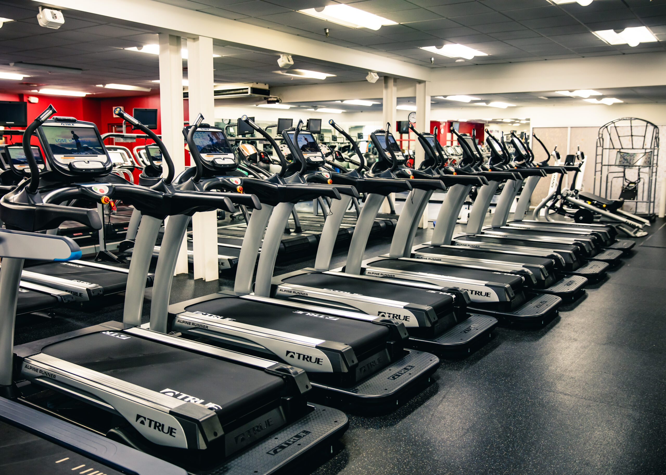 A row of treadmills is lined up in a bright, modern gym with mirrors on the walls and various other exercise equipment visible in the background.