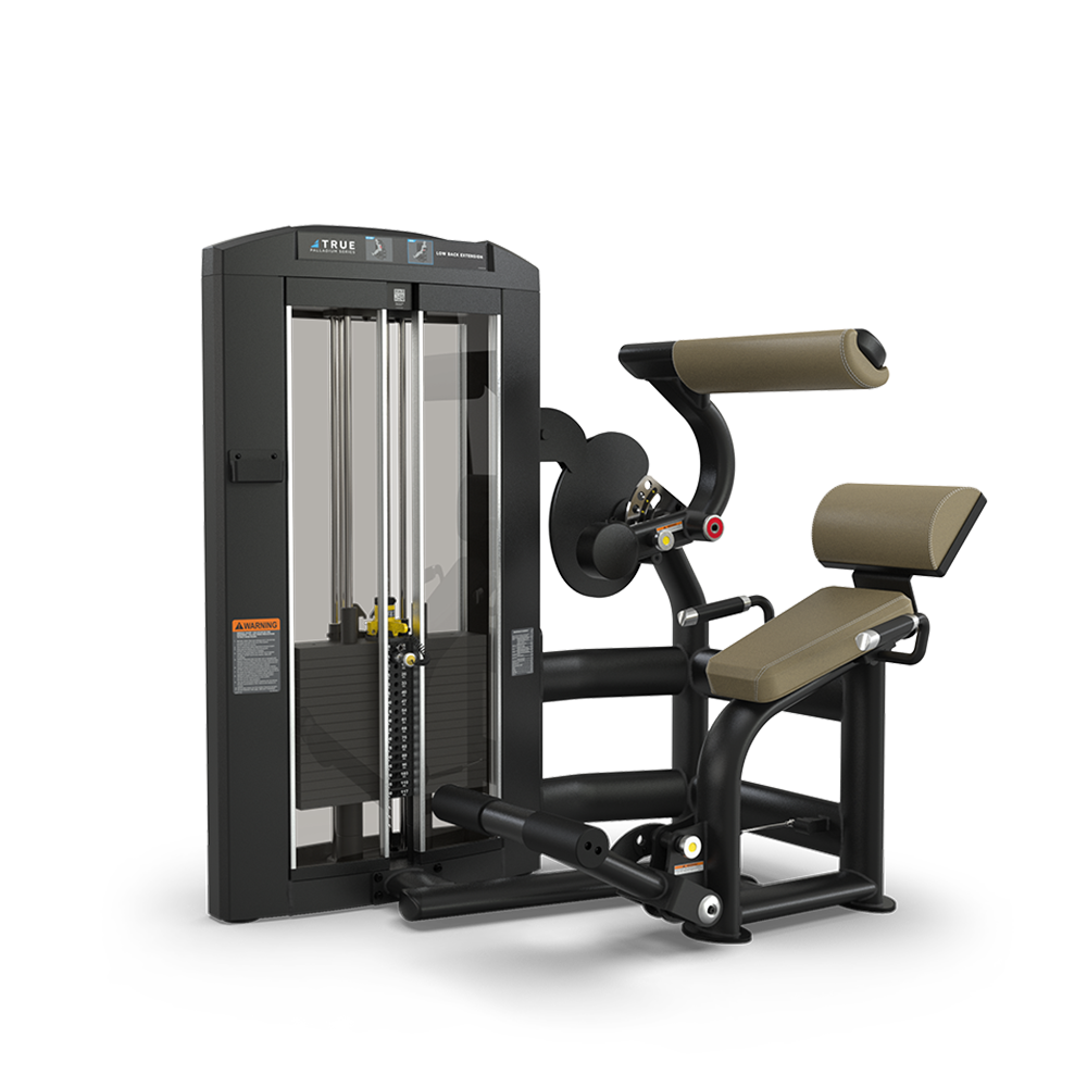 A commercial gym machine for back extension exercises, featuring padded rollers for legs and back support, weight stack with selector pin, and a sturdy black frame with brown padding.