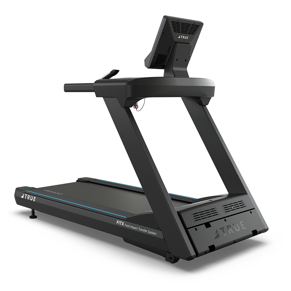 A modern black treadmill with a digital screen and sturdy frame, featuring the brand name TRUE on the base, set against a plain white background.