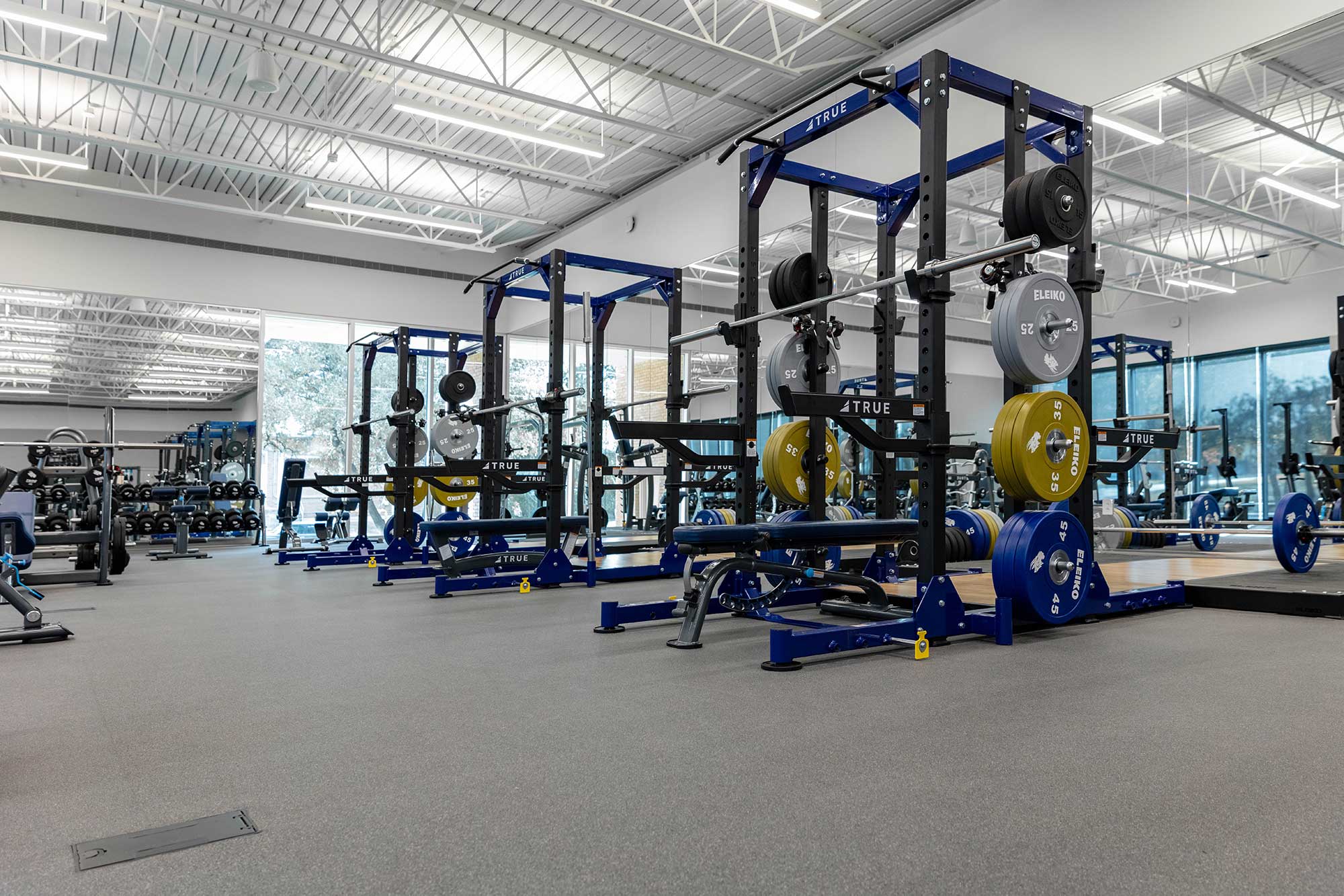 A spacious gym with multiple squat racks, barbells, weight plates, benches, and fitness equipment, with large windows letting in natural light and a clean, modern interior design.