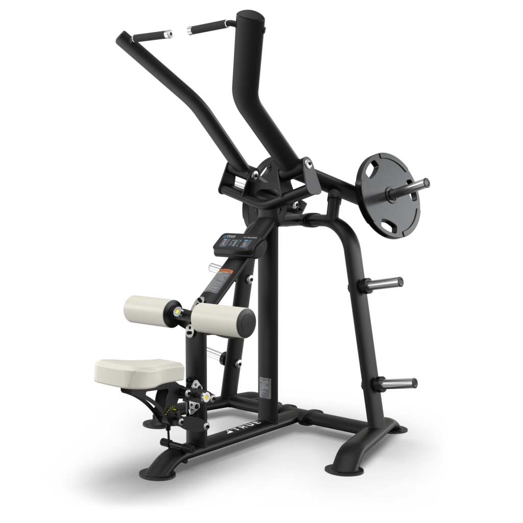 A black and white strength training machine with padded seat, backrest, handles, and weight plate holders, designed for upper body exercises, set against a plain white background.