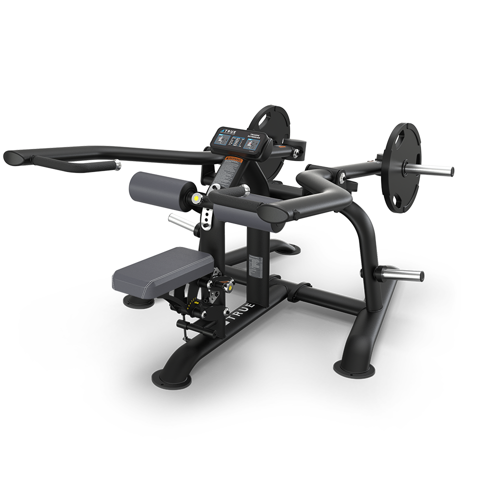 A black seated dip exercise machine with padded seat and back support, handles, weight plate holders, and adjustment knobs, designed for strength training workouts.