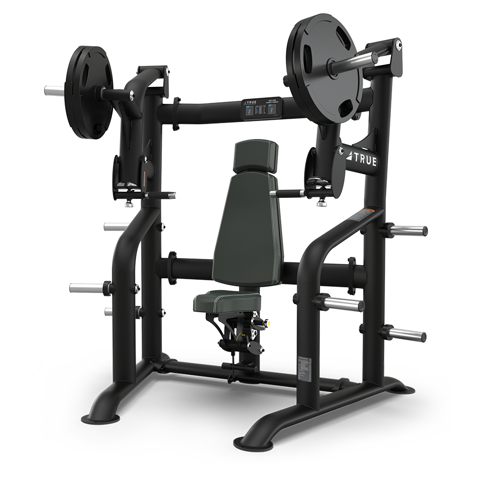 A black and gray seated chest press machine with weight plates loaded on both sides, adjustable seat, and multiple storage posts for additional plates on a white background.