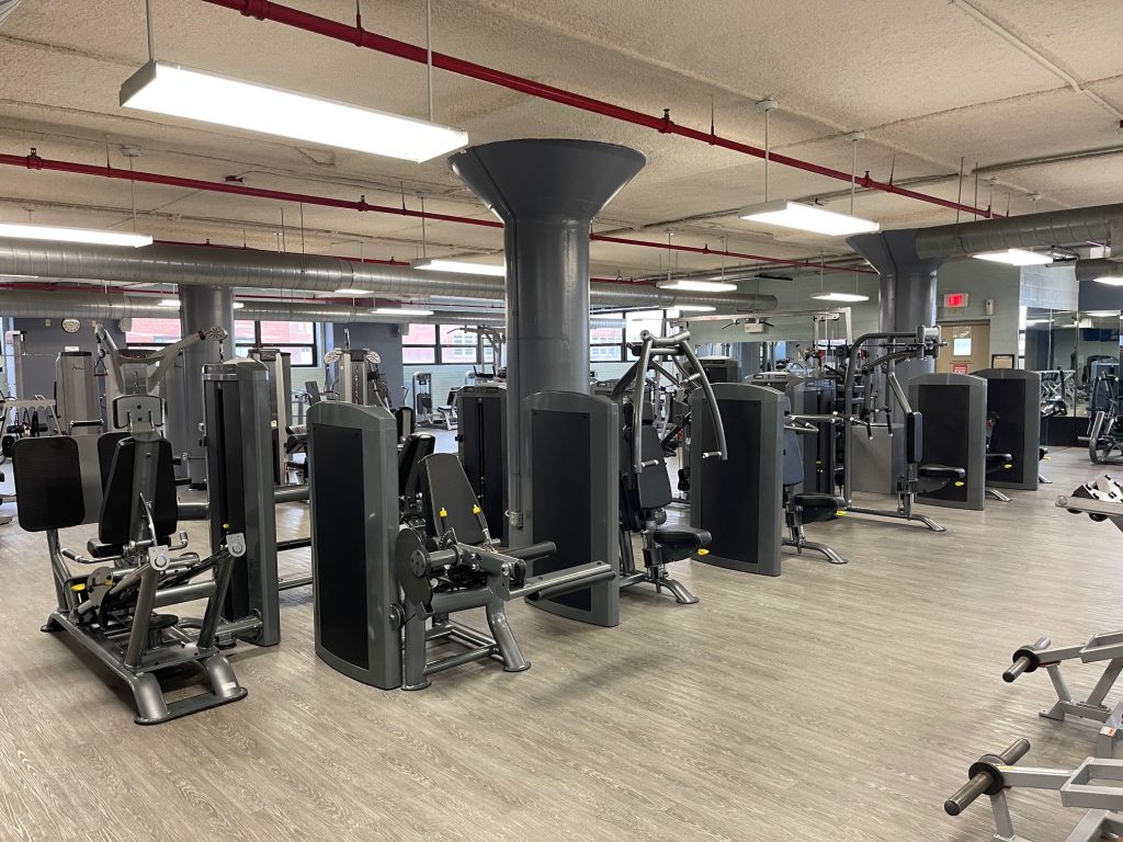 A spacious gym with various strength training machines, gray flooring, large pillars, and overhead fluorescent lighting. The area is clean, modern, and empty of people.