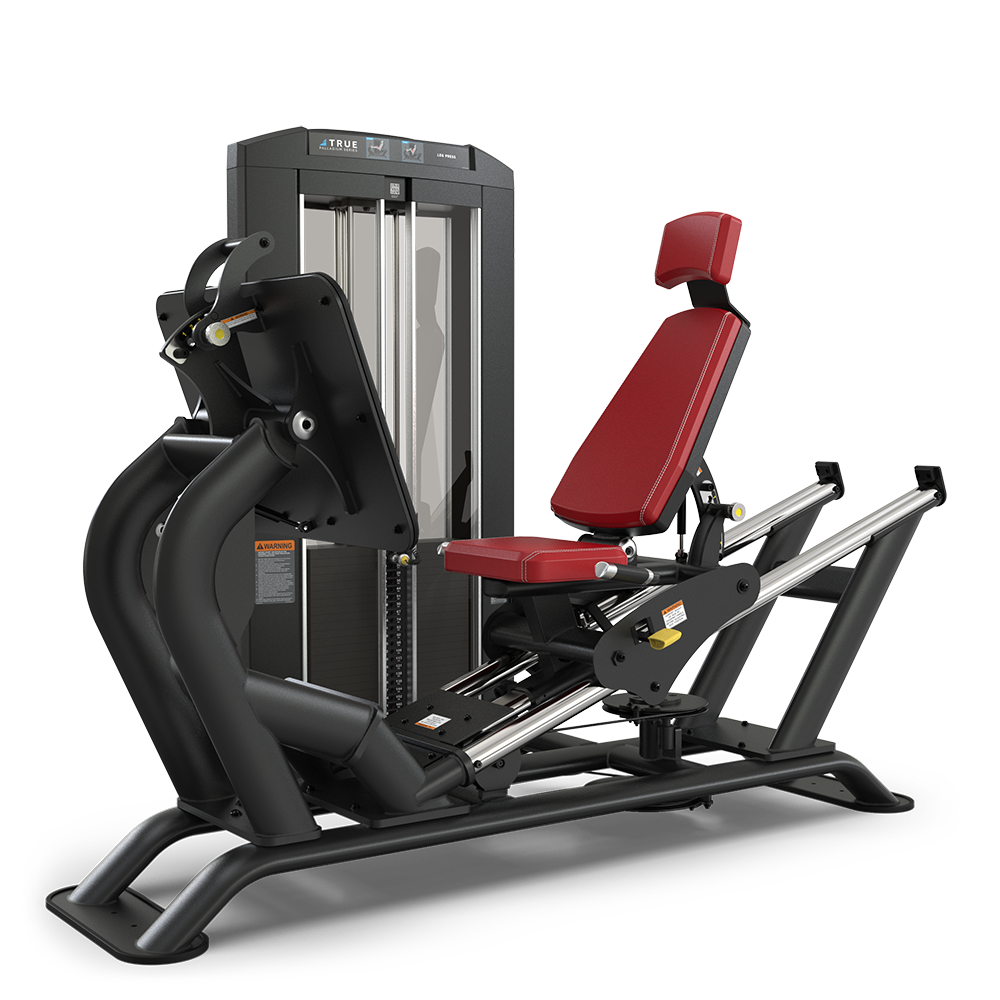 A black and red seated leg press machine with adjustable weights, padded seat, and footplate, designed for resistance training in a gym setting.