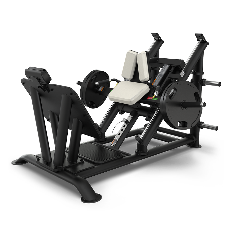 A black leg press machine with padded beige seat and backrest, weight plates loaded on both sides, and sturdy metal frame designed for lower body strength training.
