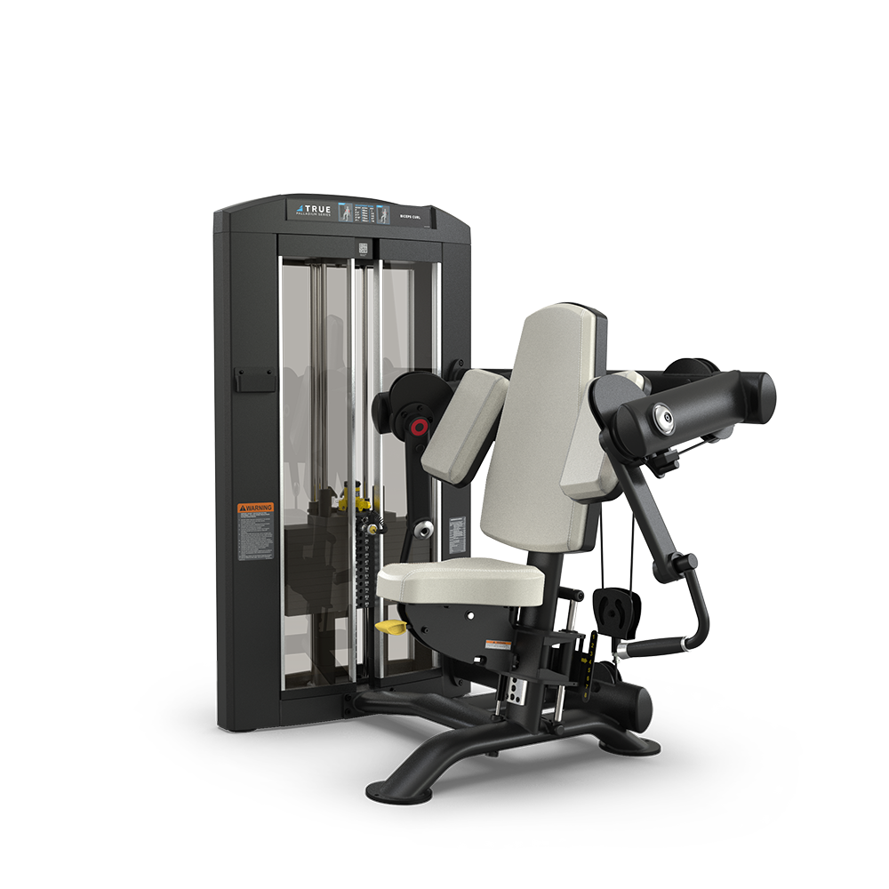 A commercial gym machine with a padded seat and backrest, adjustable arm pads, and a weight stack used for seated strength training exercises, set against a plain white background.