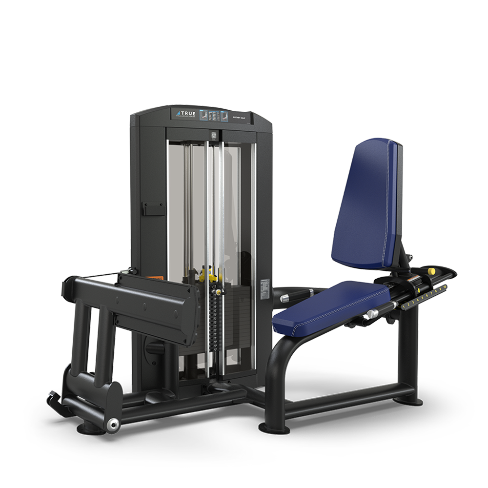 A leg exercise machine with a padded blue seat and backrest, metal frame, weight stack, and foot platform, designed for gym use.