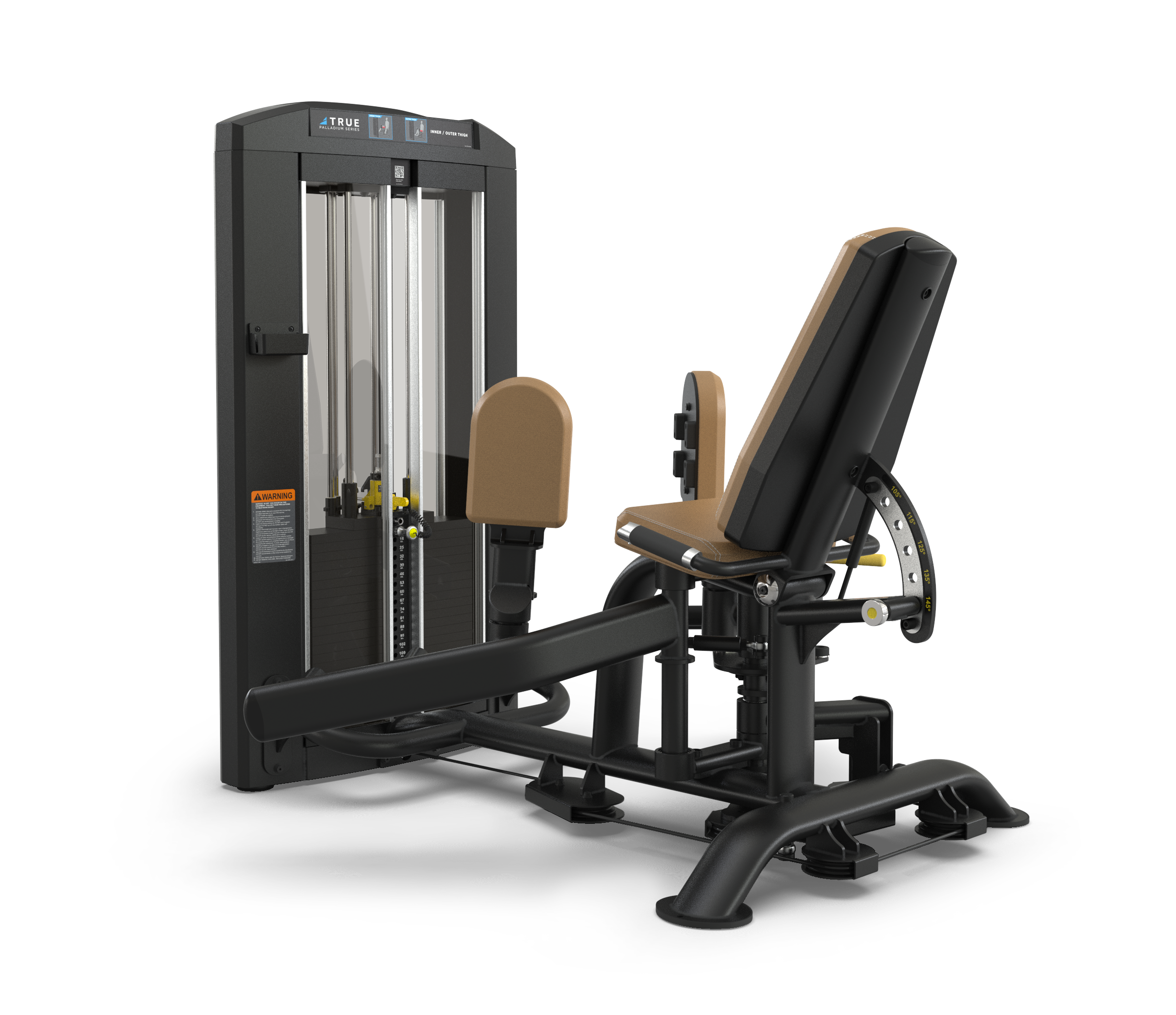 A seated leg press machine with a padded seat and backrest, a weight stack with visible adjustment pins, and a large footplate for leg exercises. The frame is black with beige upholstery.