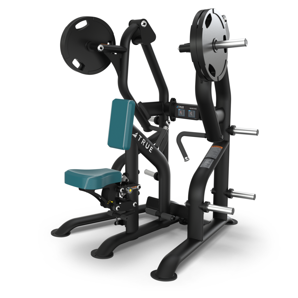 A black and teal seated strength training machine with weight plates, handles, a padded seat, and backrest, designed for upper body workouts such as chest or shoulder presses.