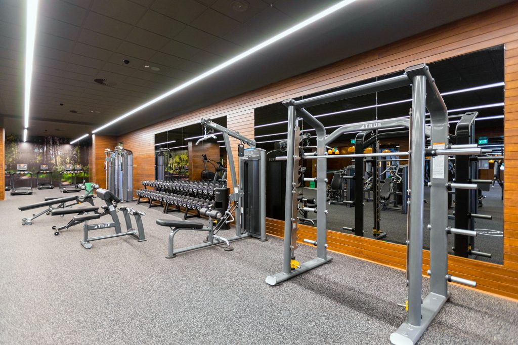 A modern gym with weight machines, benches, dumbbells, and squat racks arranged neatly against a wooden wall with large mirrors. The gym has bright lighting and a clean, spacious layout.