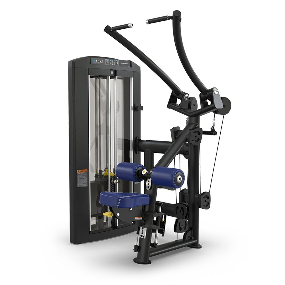 A black and blue strength training machine with padded seat and arm supports, adjustable settings, and a weight stack, designed for upper body workouts, isolated on a white background.
