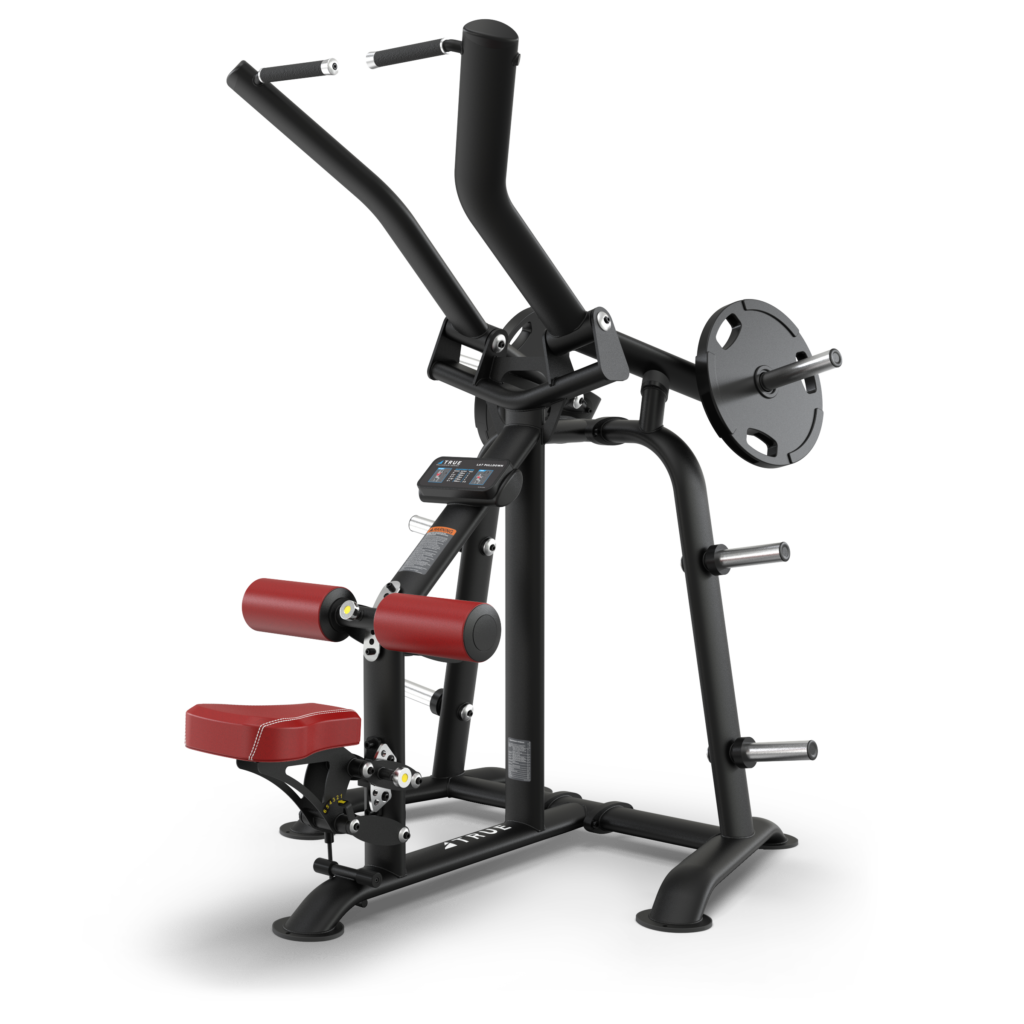 A black and red seated strength training machine with handles, padded seat, and leg support, designed for upper body workouts. Weight plates are loaded on the side pegs. The machine is placed on a white background.