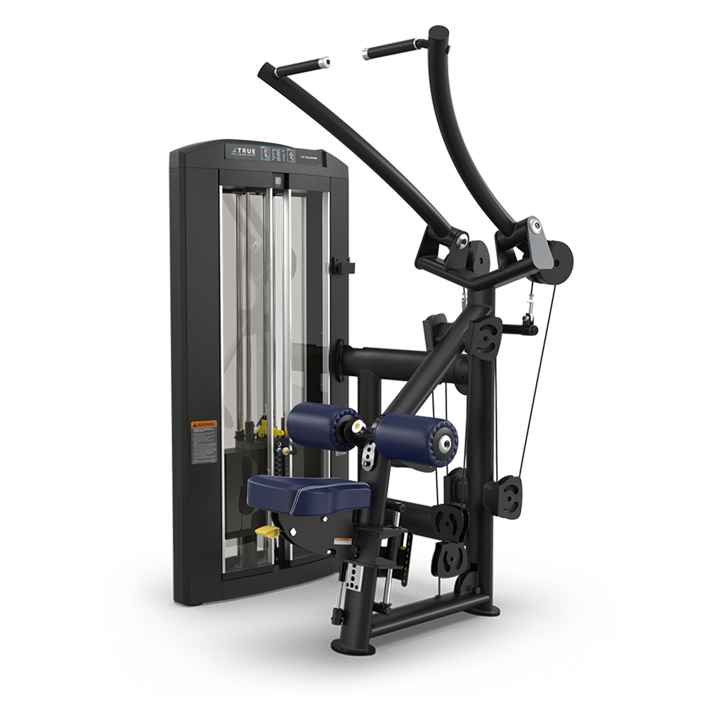 A black and blue seated strength training machine with adjustable padded supports, handles, and weight stack, designed for upper body exercises like chest or shoulder press.