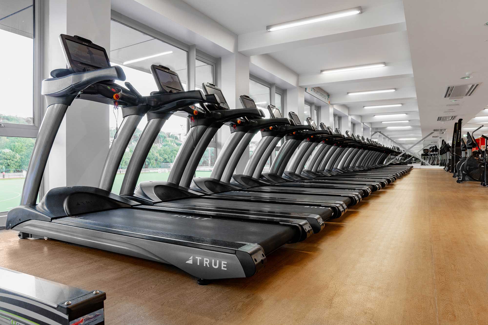 A row of empty treadmills with screens lines a brightly lit gym with large windows, overlooking greenery outside. The floor is wooden, and the space appears clean and modern.