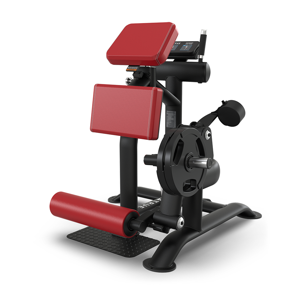 A black and red gym machine designed for lower body exercises, featuring padded supports, a footrest, and a weight plate holder on its side.